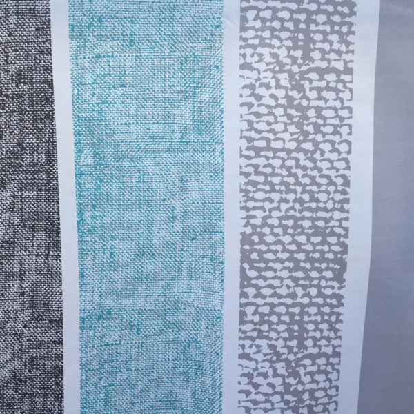 Tissu 100% coton imprimé à larges bandes gris anthracite, gris clair et bleu turquoise pour la confection de rideaux, coussin, accessoires de décoration et de mode (sac)