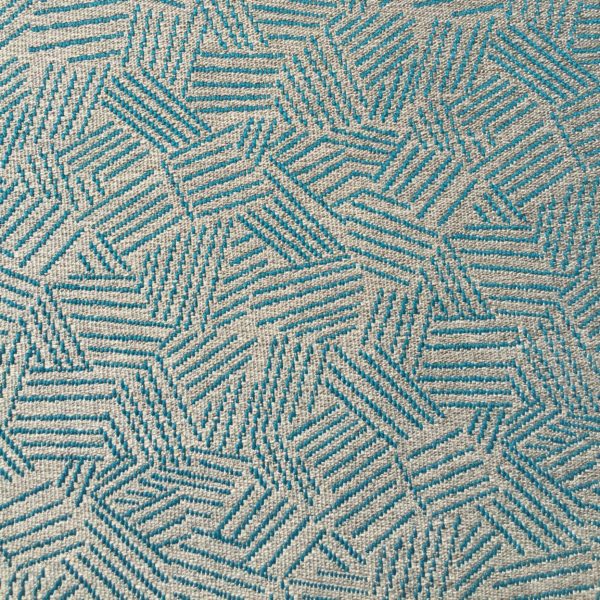 Tissu tapissier jacquard à motif géométrique beige et bleu canard pour le recouvrement de siège, canapé, fauteuil, coussin, la confection de rideaux, dessus de lit, tête de lit, accessoires de décoration et de mode (sac)