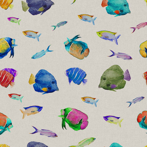 Tissu 100% coton imprimé poissons tropicaux multicolores pour la confection de rideaux, coussins, accessoires de décoration, habillement, sacs, pochettes et accessoires de mode