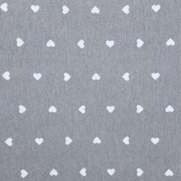 Tissu coton polyester imprimé petit cœur gris pour la confection de rideaux, coussins, nappes, jetés de canapé, housses de couette, taies d'oreiller, dessus de lit, galettes de chaise, accessoires de décoration et de mode