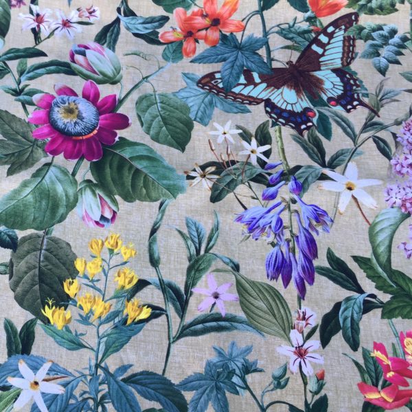 Tissu 100% coton à impression digitale motif floral Amazonie pour la confection de rideaux, fauteuils, canapés, coussins, accessoires de décoration et de mode (sacs, pochettes...)