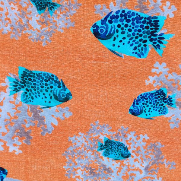Tissu 100% coton à impression digitale poisson corail pour la confection de rideaux, fauteuils, canapés, coussins, accessoires de décoration et de mode (sacs, pochettes...)