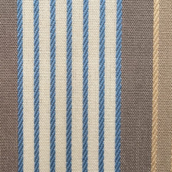 Tissu Dralon très résistant traité Téflon à rayures bayadères bleu, beige et écru pour la confection de coussins d'extérieur et d'intérieur, rideaux, accessoires de décoration, sac