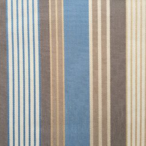Tissu Dralon très résistant traité Téflon à rayures bayadères bleu, beige et écru pour la confection de coussins d'extérieur et d'intérieur, rideaux, accessoires de décoration, sac